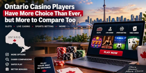 Ontario online casino comparison showing multiple gaming options including slots, live casino, sports betting, player security, and casino platform selection.